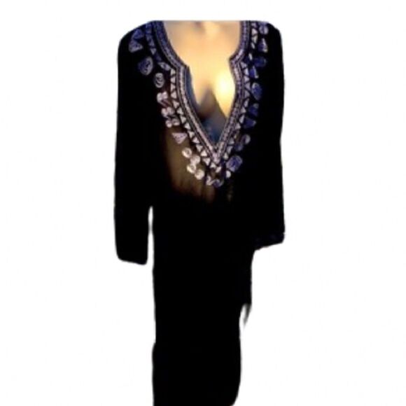 CHICOS SILK embroidered V neck Tunic black white sheer long sleeve Size 0 or Med - Picture 1 of 7